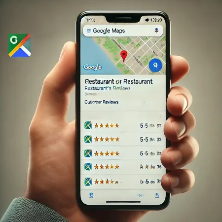 Smartphone mit Google Maps, auf dem die Bewertungen eines Restaurants angezeigt werden.