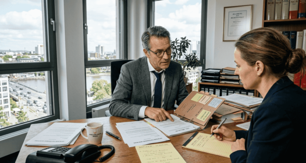 Ein Rechtsanwalt berät seine Mandantin in einem persönlichen Gespräch in der Kanzlei.