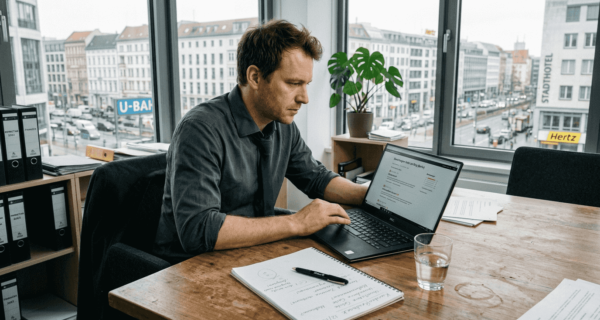 Ein Manager sitzt am Schreibtisch und liest kritische Kundenbewertungen.