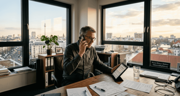 Der Geschäftsführer verschafft sich am Tablet einen Überblick über die Kundenmeinungen.