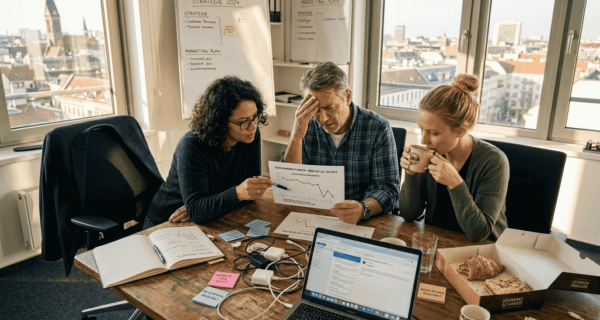 Das Team diskutiert, wie sich negative Bewertungen auf ihre Arbeit und das Unternehmen auswirken könnten.