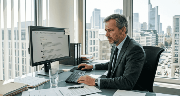 Ein Berater prüft im Büro die Google-Bewertungen, um Verbesserungspotenziale für das Unternehmen zu erkennen.