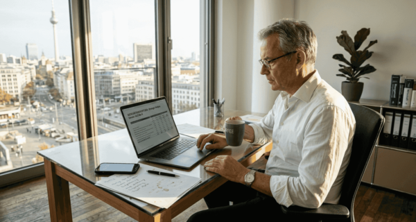 Geschäftsinhaber wirft am Laptop einen Blick auf die Google-Bewertungen seines Unternehmens.