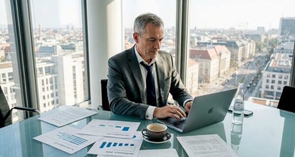 Ein Manager sitzt im Büro und liest aufmerksam die Online-Bewertungen seines Unternehmens.