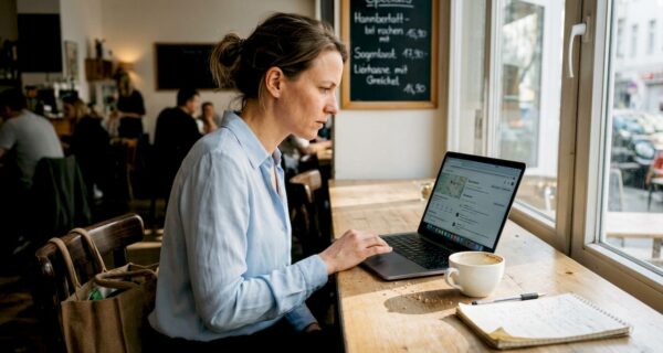 Eine Frau sitzt im Café und stöbert in den Google-Bewertungen.