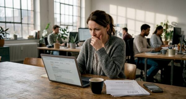Eine Frau sitzt am Schreibtisch im Büro und liest eine Online-Bewertung – ihre Reaktion ist deutlich spürbar.