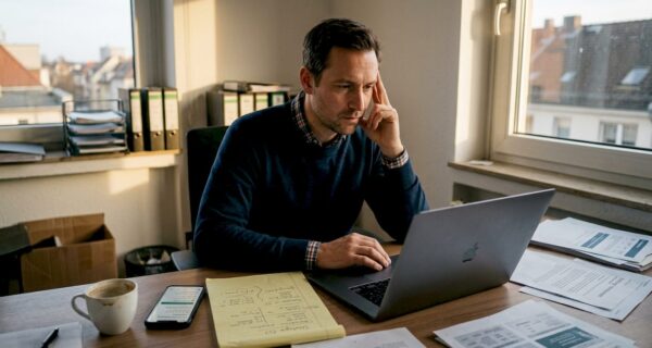 Ein Mann sitzt am Laptop und beschäftigt sich mit verschiedenen Bewertungsplattformen.