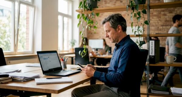 Ein Mitarbeiter tippt seine Bewertung im offenen Büro.