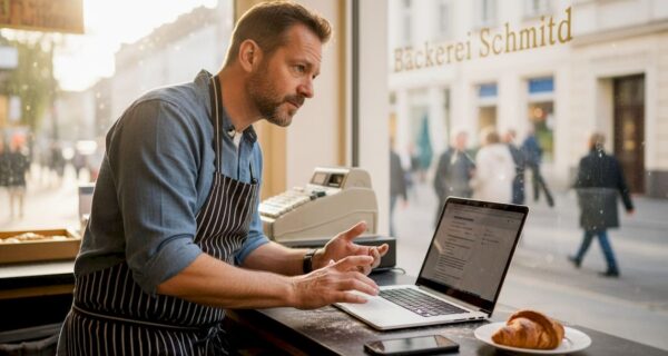Eine Bäckereibesitzerin wirft einen Blick auf die Bewertungen ihrer Kunden im Internet.