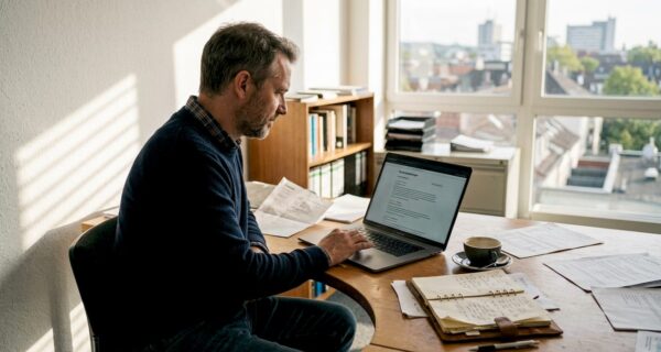 Ein Unternehmer verschafft sich am Schreibtisch einen Überblick über aktuelle Bewertungen.