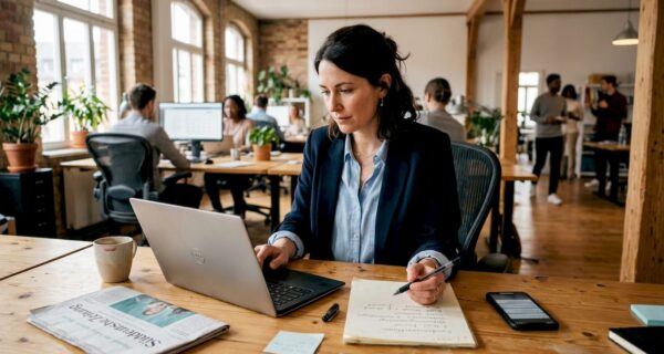 Eine Frau sitzt am Schreibtisch und liest Bewertungen zu verschiedenen Unternehmen im Internet.