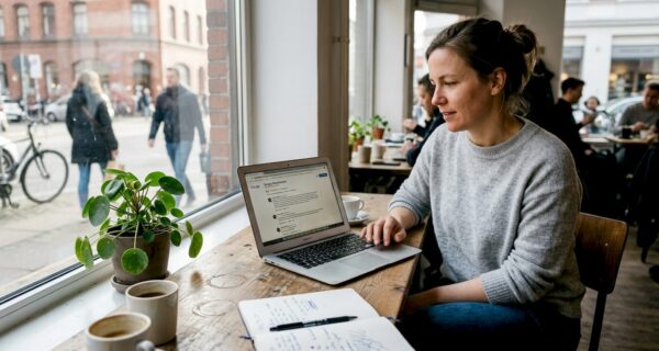 Ein Geschäftsinhaber sitzt im Café und liest die neuesten Google-Bewertungen zu seinem Unternehmen.