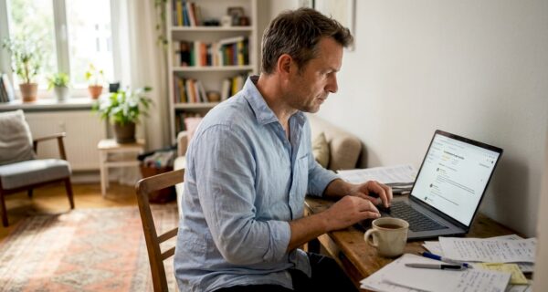 Ein Mann liest im Maklerbüro aufmerksam die Kundenbewertungen.