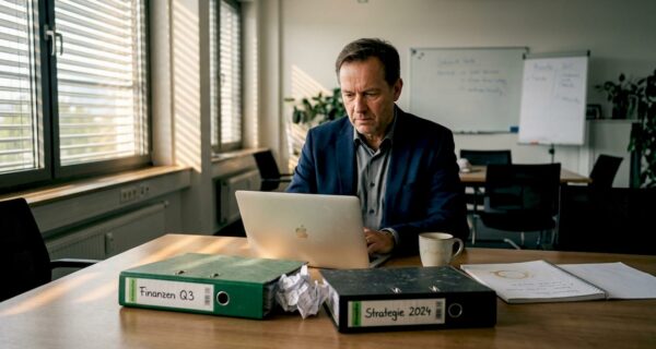 Ein Unternehmer sitzt nachdenklich und sichtlich besorgt an seinem Schreibtisch vor dem aufgeklappten Laptop.