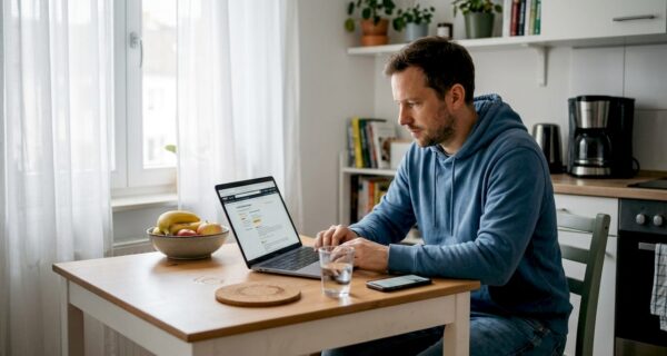 Ein Mann sitzt am Laptop und liest sich die Bewertungen anderer Kunden durch.