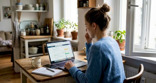 Eine Frau informiert sich am Laptop über verschiedene Bewertungsportale.
