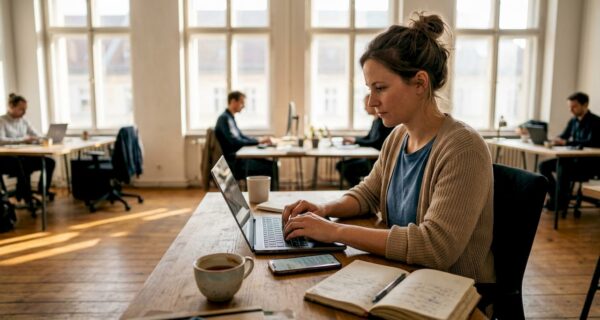 Eine Mitarbeiterin bittet ihre Kollegen im Büro regelmäßig um Feedback zu ihrer Arbeit.