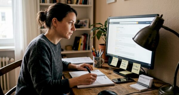 Eine Frau sitzt am Schreibtisch und liest sich aufmerksam Online-Bewertungen durch.