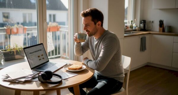 Ein Mann sitzt am Küchentisch und stöbert durch Online-Bewertungen, bevor er eine Kaufentscheidung trifft.