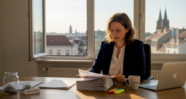 Eine Geschäftsfrau prüft Unterlagen an ihrem Schreibtisch im Büro.