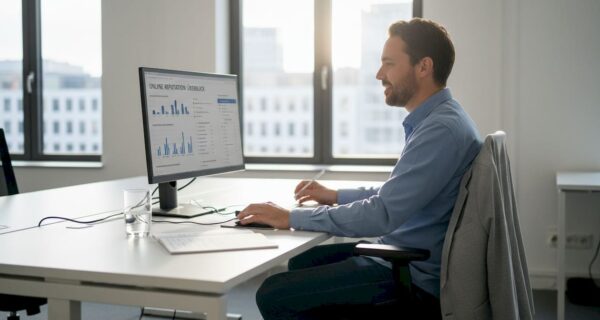 Ein Unternehmer arbeitet in seinem modernen Büro mit Blick auf die Stadt und nutzt dabei ein digitales Dashboard, um wichtige Kennzahlen im Blick zu behalten.