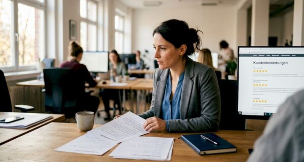 Eine Frau sitzt im Büro und wirft einen genauen Blick auf die Online-Bewertungen ihres Unternehmens.