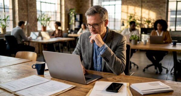 Ein Unternehmer sitzt am Schreibtisch und prüft die Online-Bewertungen seines Unternehmens.