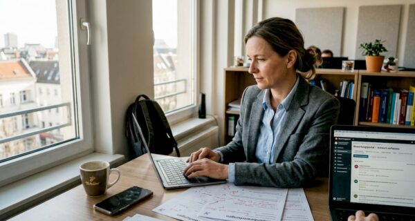 Eine Geschäftsfrau sitzt an ihrem Schreibtisch und beantwortet Kundenbewertungen – sie nimmt sich Zeit für Feedback und pflegt aktiv den Kontakt zu ihren Kundinnen und Kunden.