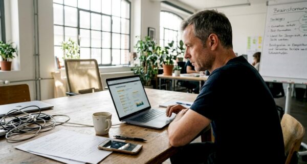 Unternehmer prüft Online-Bewertungen am Laptop