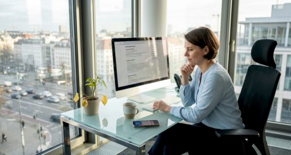 Ein Manager sitzt im Büro und wirft einen Blick auf die neuesten Kundenbewertungen.