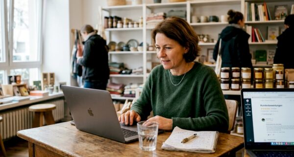 Eine Unternehmerin sitzt am Laptop und liest, was ihre Kundinnen und Kunden über ihr Geschäft schreiben.