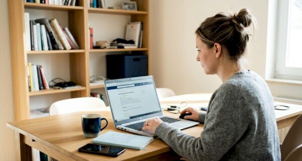 Eine Frau sitzt im Homeoffice und liest sich in Ruhe die Kundenbewertungen zu einem Produkt durch.