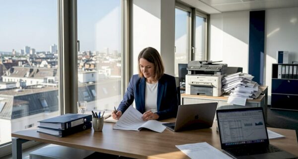 Eine Mitarbeiterin sichtet im Büro der Agentur die Unterlagen zur Bewertung.