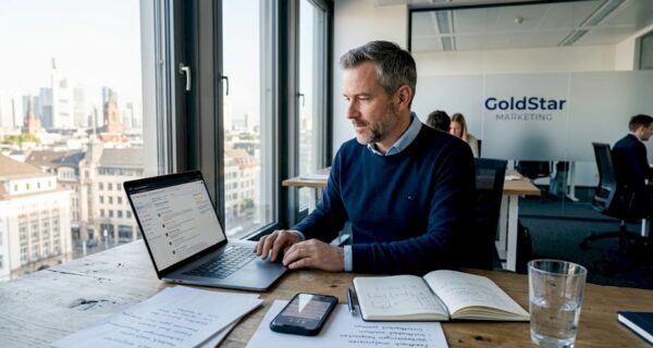 Ein Marketingmanager wirft im Büro einen Blick auf die aktuellen Online-Bewertungen.