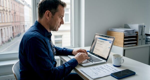 Ein selbstständiger Unternehmer sitzt mit einer Tasse Kaffee am Laptop und arbeitet konzentriert.