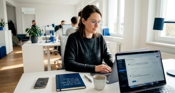 Eine Mitarbeiterin sitzt an ihrem Schreibtisch im Büro und beantwortet Rückmeldungen.