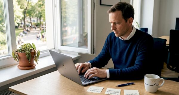 Ein Mann sitzt an seinem Schreibtisch im Büro und liest sich Kundenbewertungen durch.