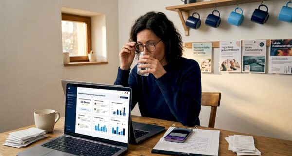 Ein Unternehmer sitzt am Schreibtisch und wirft einen Blick auf die neuesten Online-Bewertungen seines Unternehmens.