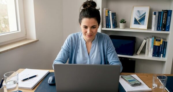 Eine Unternehmerin sitzt am Schreibtisch und liest die neuesten Online-Bewertungen über ihr Unternehmen.