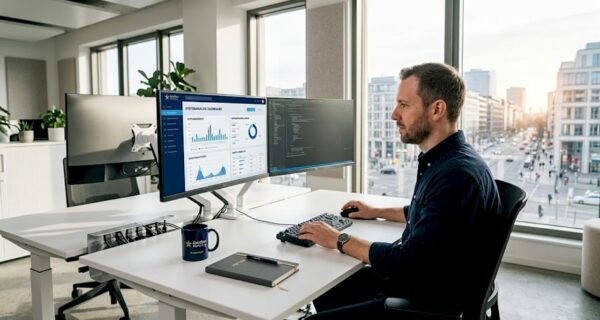 Ein IT-Experte nimmt im Büro Bewertungsbots genau unter die Lupe.