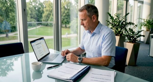 Ein Unternehmer sitzt im Homeoffice und wirft einen genauen Blick auf die neuesten Online-Bewertungen seines Unternehmens.