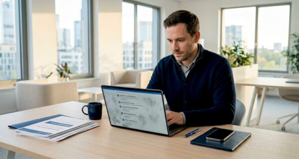 Ein Unternehmer sitzt an seinem Schreibtisch und schaut sich die Online-Bewertungen zu seinem Geschäft an.