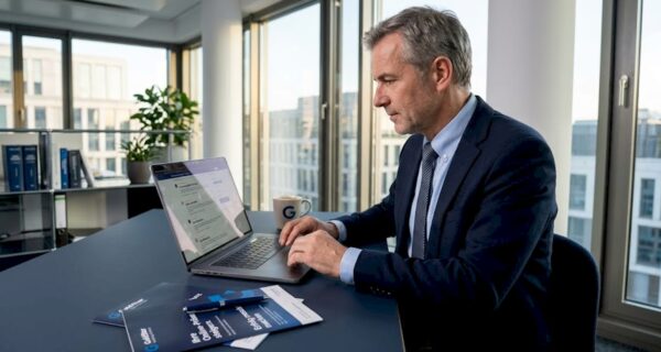 Ein Unternehmer sitzt an seinem Schreibtisch im Büro und schaut sich Kundenbewertungen an.