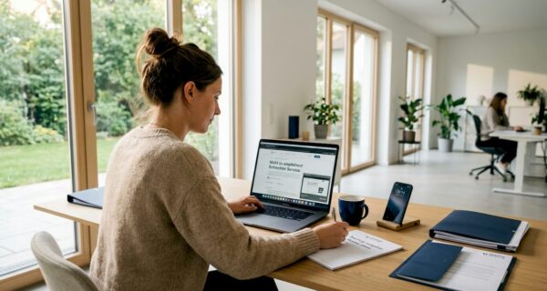Eine Frau sitzt zu Hause am Laptop und hält ihre Bewertung schriftlich fest.