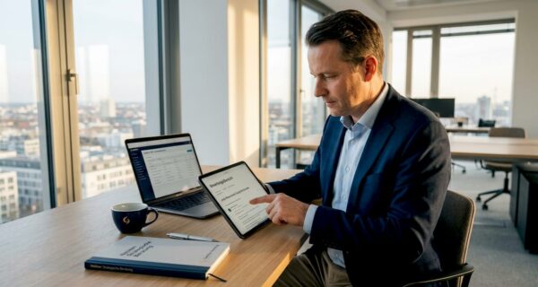 Ein Unternehmensberater prüft im Büro die Online-Bewertungen seines Kunden.