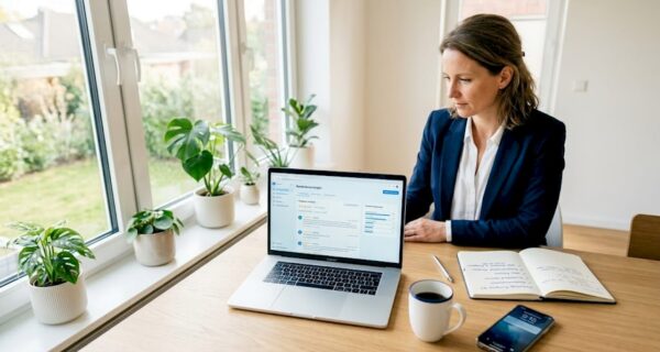 Im Büro sitzt eine Frau am Laptop und liest aufmerksam die Rückmeldungen ihrer Kunden.