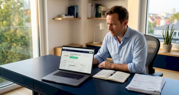 Ein Unternehmer wirft einen Blick auf seinen Trustscore am Arbeitsplatz.