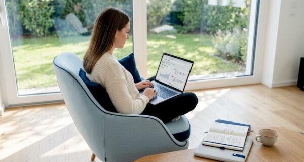 Eine junge Frau sitzt gemütlich im Wohnzimmer und stöbert auf ihrem Laptop durch Bewertungen.