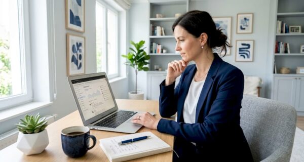 Eine Frau überprüft im Homeoffice den Bewertungsbereich.