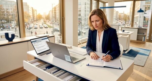 Ein Manager sitzt an seinem Schreibtisch und wirft einen Blick auf die neuesten negativen Bewertungen seines Unternehmens.